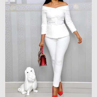 A One-shouldered Cardigan Blouse And Slacks Suit