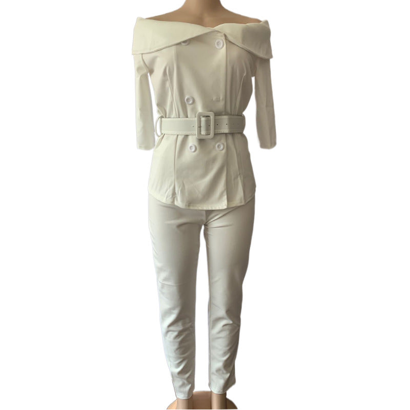 A One-shouldered Cardigan Blouse And Slacks Suit