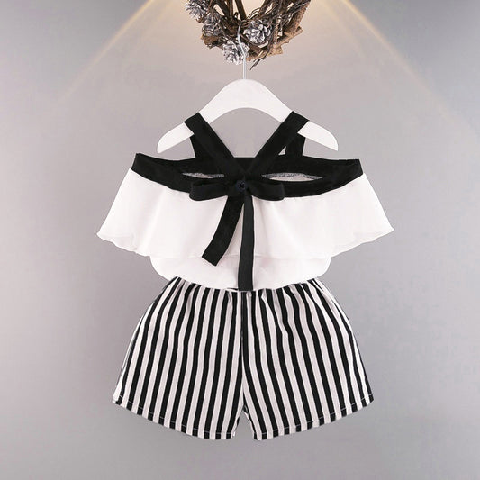 Two-piece Frilled Chiffon Shirt With Striped Shorts