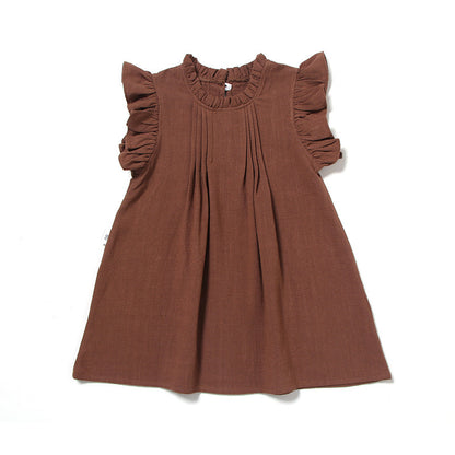 Princess Dress Lace Flying Sleeves Solid Color Linen Girl Dress