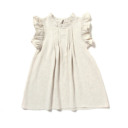 Princess Dress Lace Flying Sleeves Solid Color Linen Girl Dress