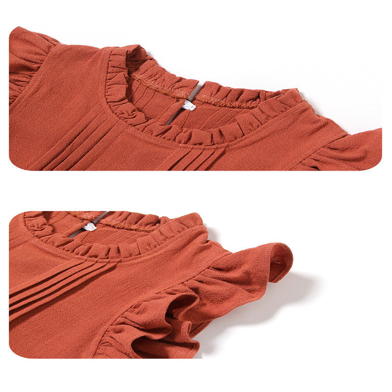 Princess Dress Lace Flying Sleeves Solid Color Linen Girl Dress