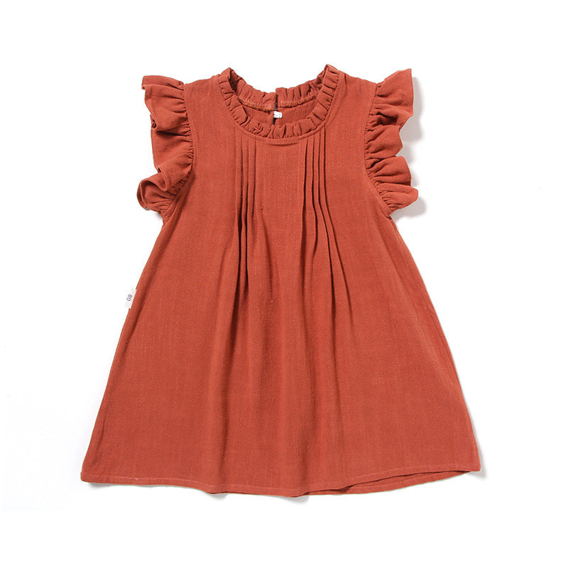 Princess Dress Lace Flying Sleeves Solid Color Linen Girl Dress