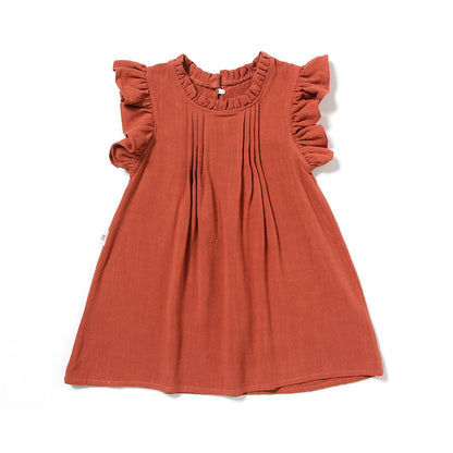 Princess Dress Lace Flying Sleeves Solid Color Linen Girl Dress