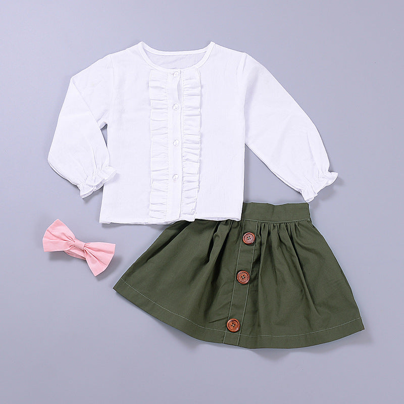 Two-Piece Long-Sleeved Lace Blouse Baby Girl Short Skirt