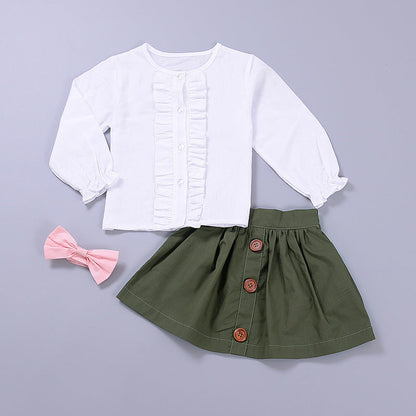 Two-Piece Long-Sleeved Lace Blouse Baby Girl Short Skirt