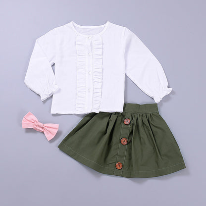 Two-Piece Long-Sleeved Lace Blouse Baby Girl Short Skirt