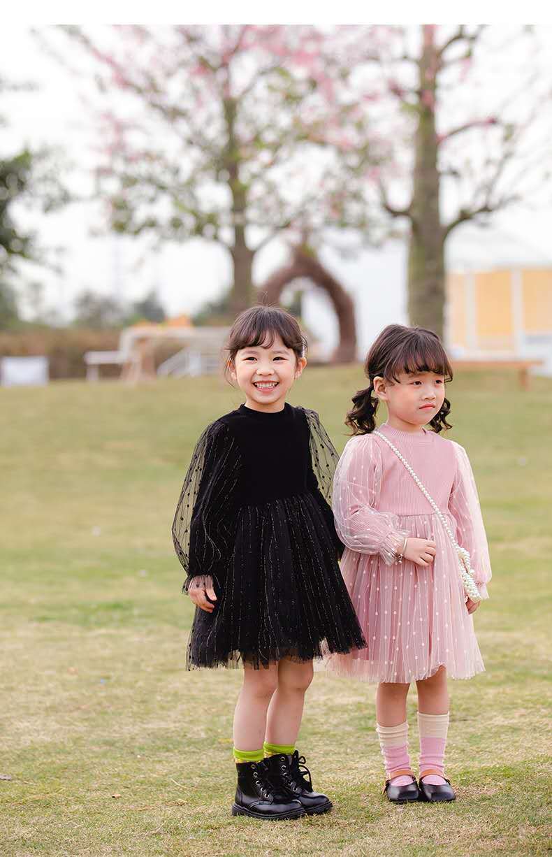 Girls Puff Sleeve Knitted Mesh Dress