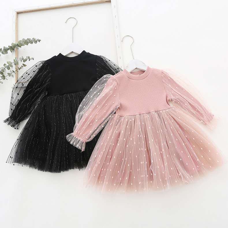 Girls Puff Sleeve Knitted Mesh Dress
