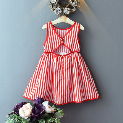 Fashionable And Cute Girls' Striped Sleeveless Backless Dress