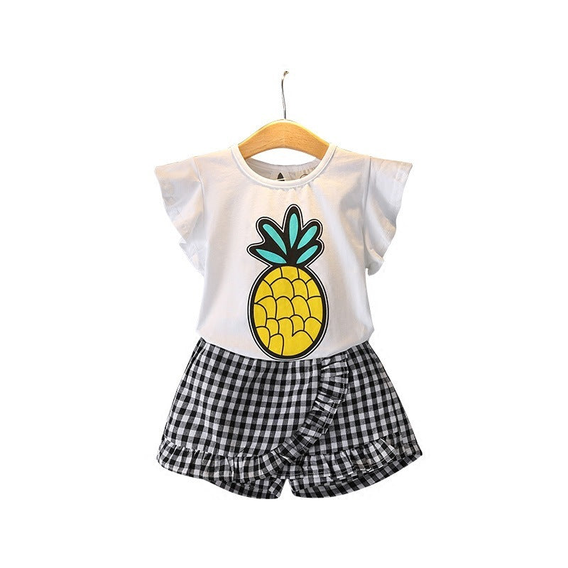 Girls Pineapple Top Striped Culottes Two-piece Suit