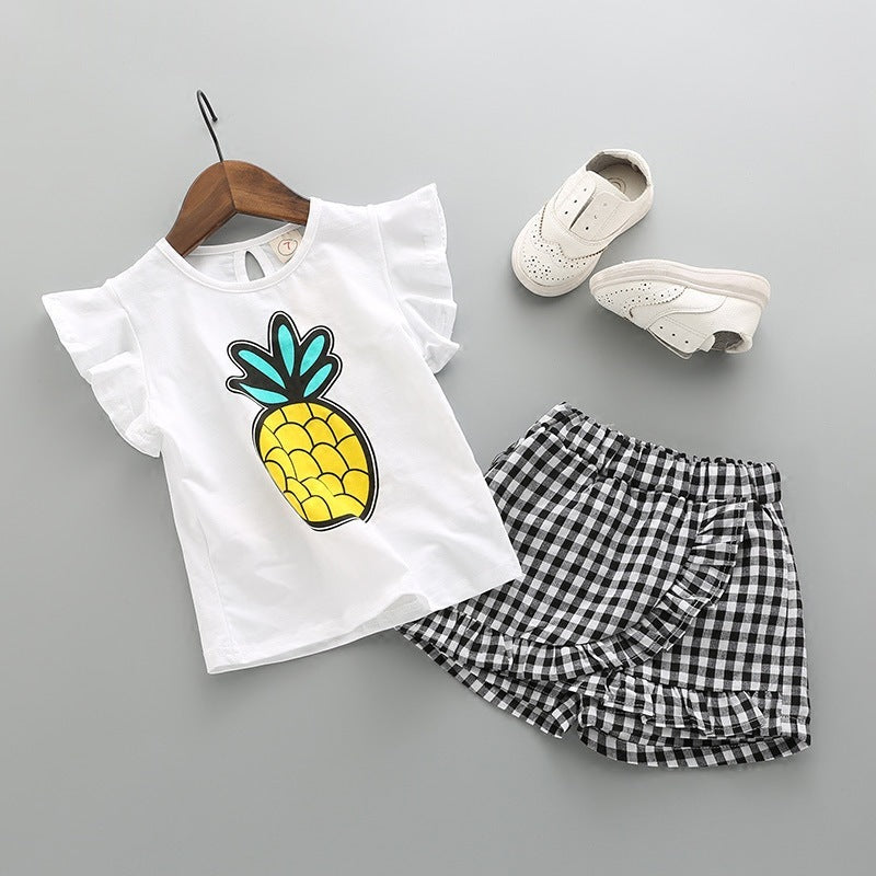 Girls Pineapple Top Striped Culottes Two-piece Suit