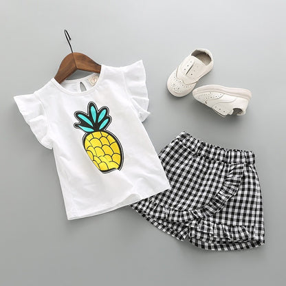 Girls Pineapple Top Striped Culottes Two-piece Suit