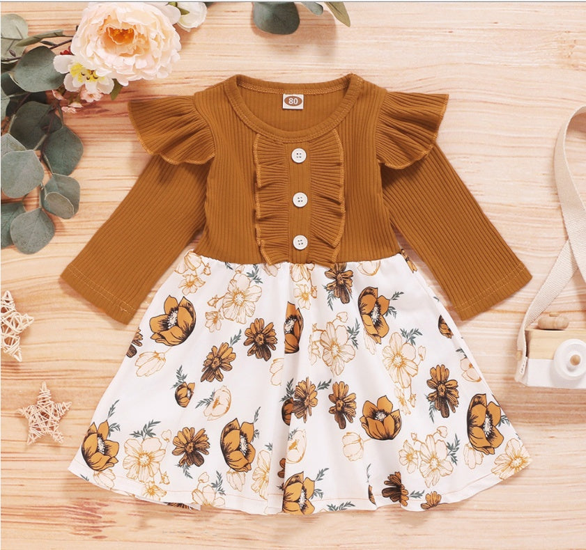 Girls' Long-Sleeved Pit Strip With Printed Floral Dress