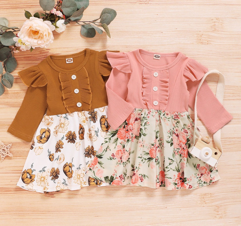 Girls' Long-Sleeved Pit Strip With Printed Floral Dress