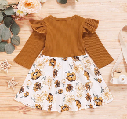 Girls' Long-Sleeved Pit Strip With Printed Floral Dress