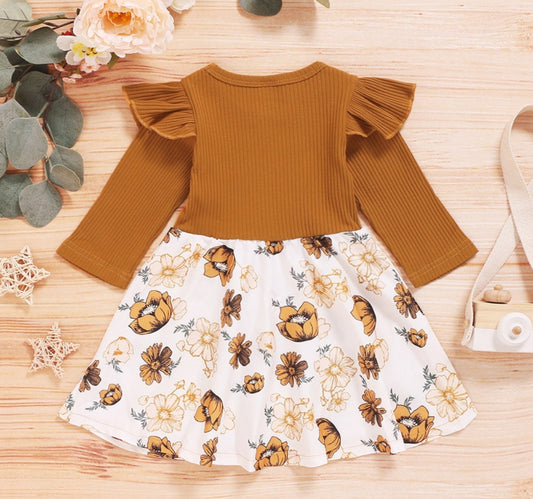 Girls' Long-Sleeved Pit Strip With Printed Floral Dress