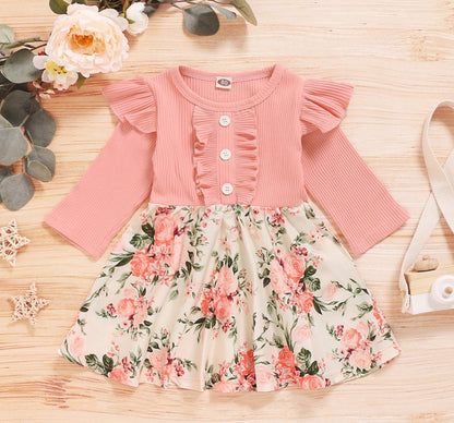 Girls' Long-Sleeved Pit Strip With Printed Floral Dress