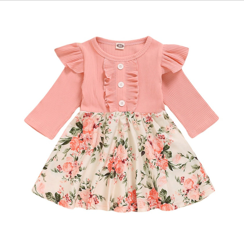 Girls' Long-Sleeved Pit Strip With Printed Floral Dress