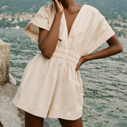 Pleated Jumpsuit Elastic Waist V-neck Shorts