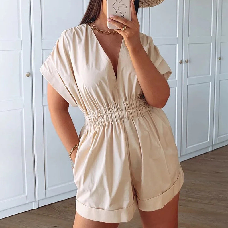 Pleated Jumpsuit Elastic Waist V-neck Shorts
