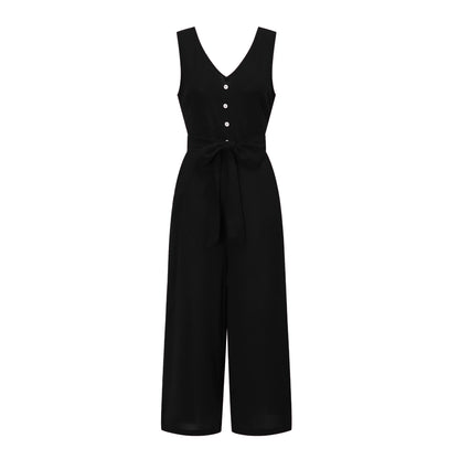 V-neck halter buttons with belt jumpsuit