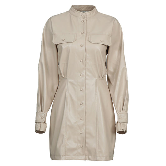 .Fashionable High Neck, Long Sleeves, Slim Pockets, Thin, Puff Sleeves, PU Bag Hip Dress