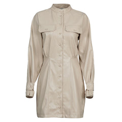 .Fashionable High Neck, Long Sleeves, Slim Pockets, Thin, Puff Sleeves, PU Bag Hip Dress