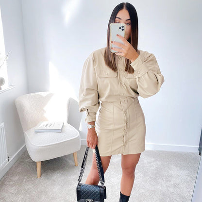 .Fashionable High Neck, Long Sleeves, Slim Pockets, Thin, Puff Sleeves, PU Bag Hip Dress