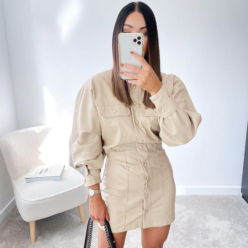 .Fashionable High Neck, Long Sleeves, Slim Pockets, Thin, Puff Sleeves, PU Bag Hip Dress
