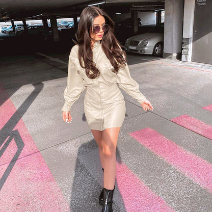 .Fashionable High Neck, Long Sleeves, Slim Pockets, Thin, Puff Sleeves, PU Bag Hip Dress