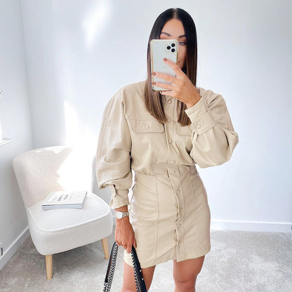 .Fashionable High Neck, Long Sleeves, Slim Pockets, Thin, Puff Sleeves, PU Bag Hip Dress
