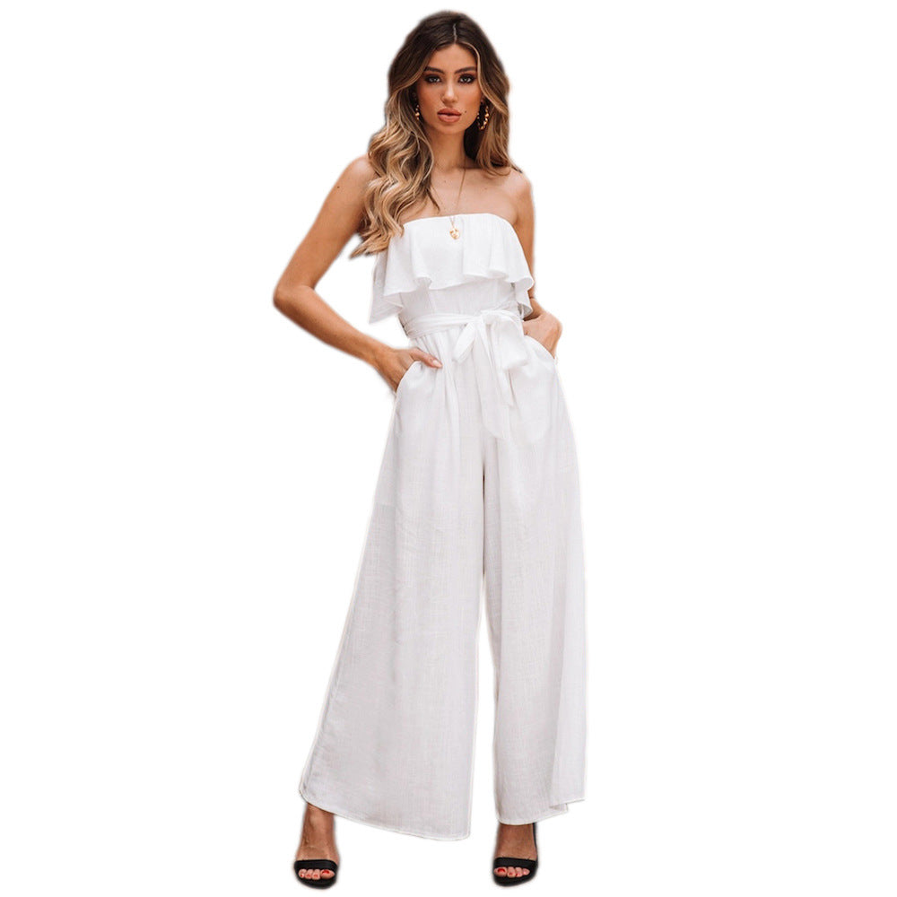 Sexy Tube Top High Waist Wide Leg Casual Trousers Suit Belted Pants Jumpsuit