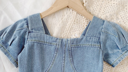 Girls' Dresses Fashion Square Collar Denim Skirt