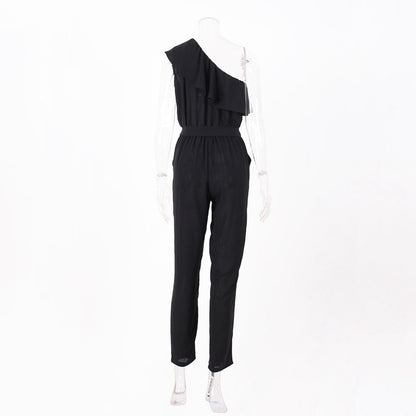 Ladies Fashion Slanted Shoulder Lace Pocket Chiffon Stitching Slim Jumpsuit