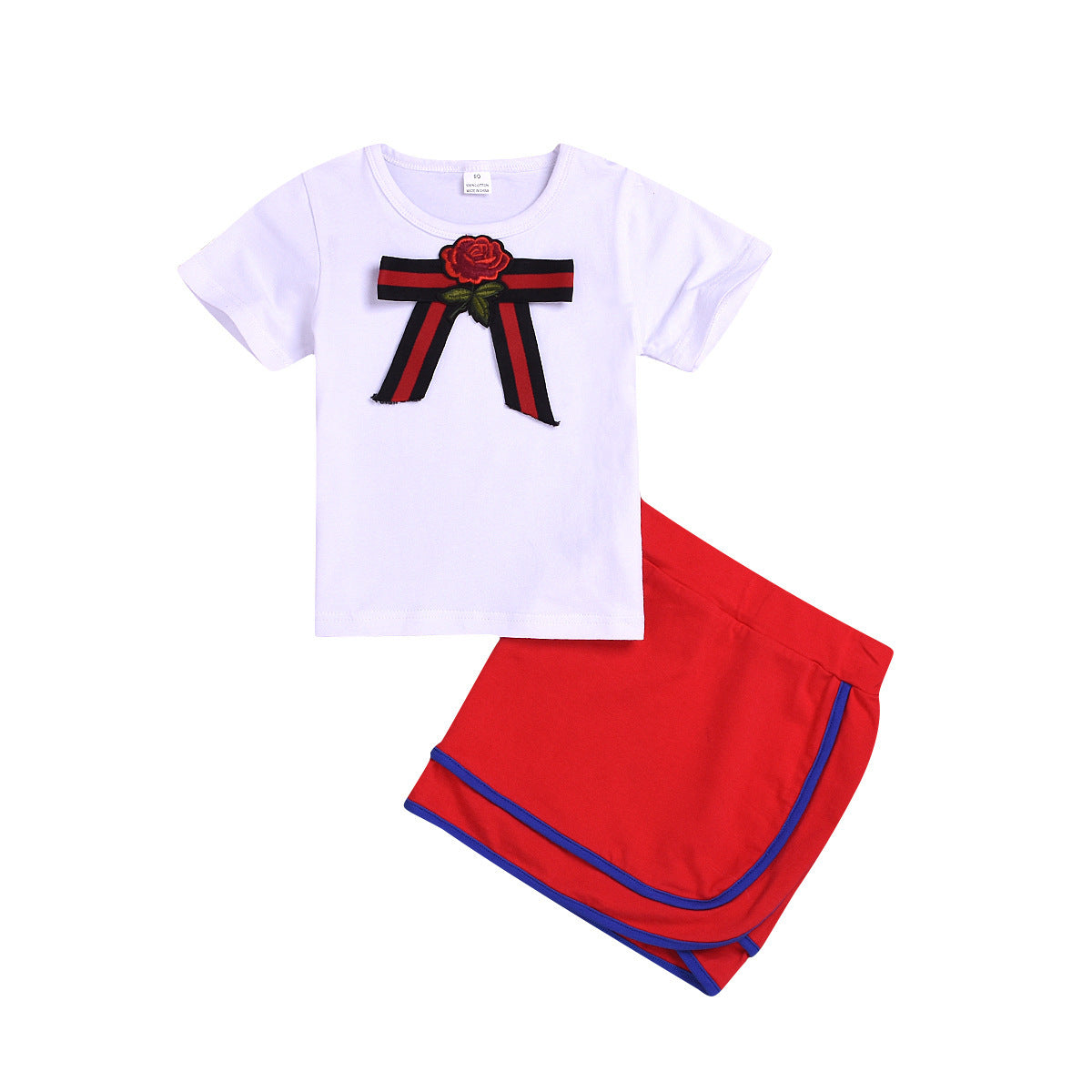Amazon Hot-Selling Children's Clothing Bow White Short-Sleeved T-Shirt Suit Girls Bag Hip Skirt Suit