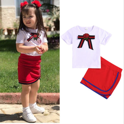Amazon Hot-Selling Children's Clothing Bow White Short-Sleeved T-Shirt Suit Girls Bag Hip Skirt Suit