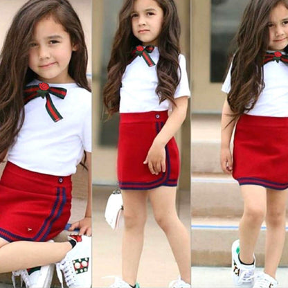 Amazon Hot-Selling Children's Clothing Bow White Short-Sleeved T-Shirt Suit Girls Bag Hip Skirt Suit