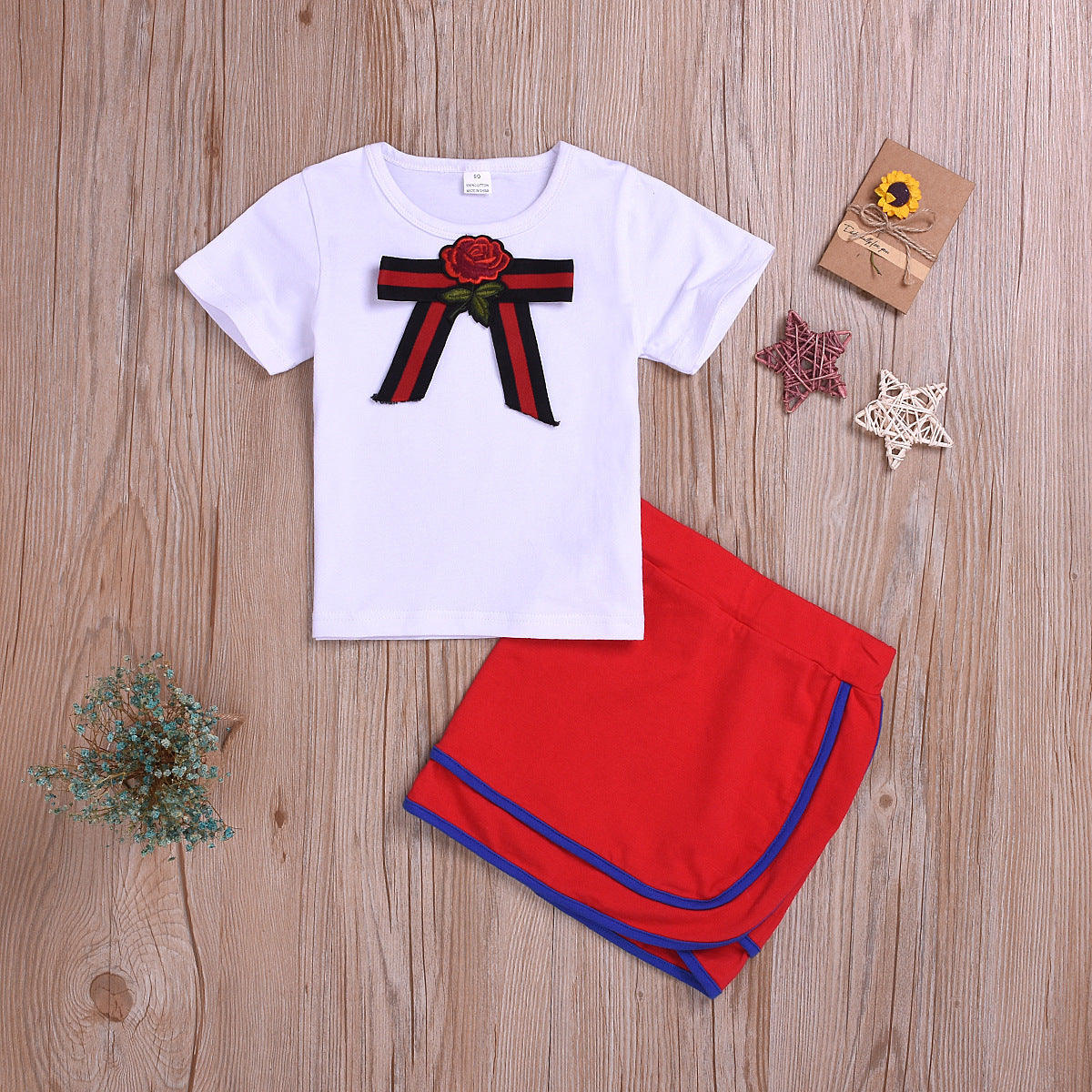 Amazon Hot-Selling Children's Clothing Bow White Short-Sleeved T-Shirt Suit Girls Bag Hip Skirt Suit