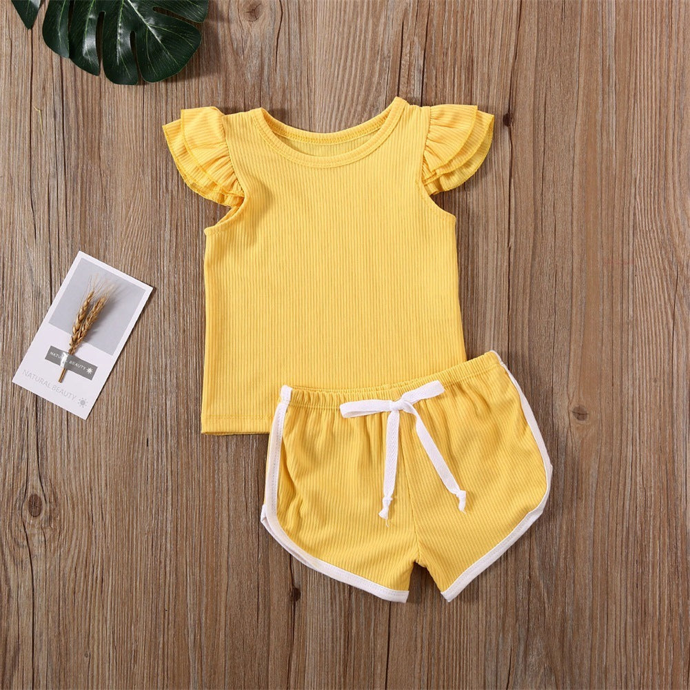 Girls Pit Cotton Fly Sleeve Blouse And Shorts Set