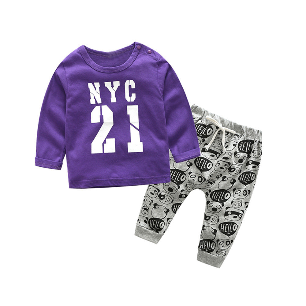 Autumn New Boys Cotton Letter T-shirt Long Sleeve Two-Piece Set