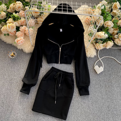 A Generation Of Women's Casual Hooded Cardigan Jacket Women's Short Hip Skirt Two-Piece Suit