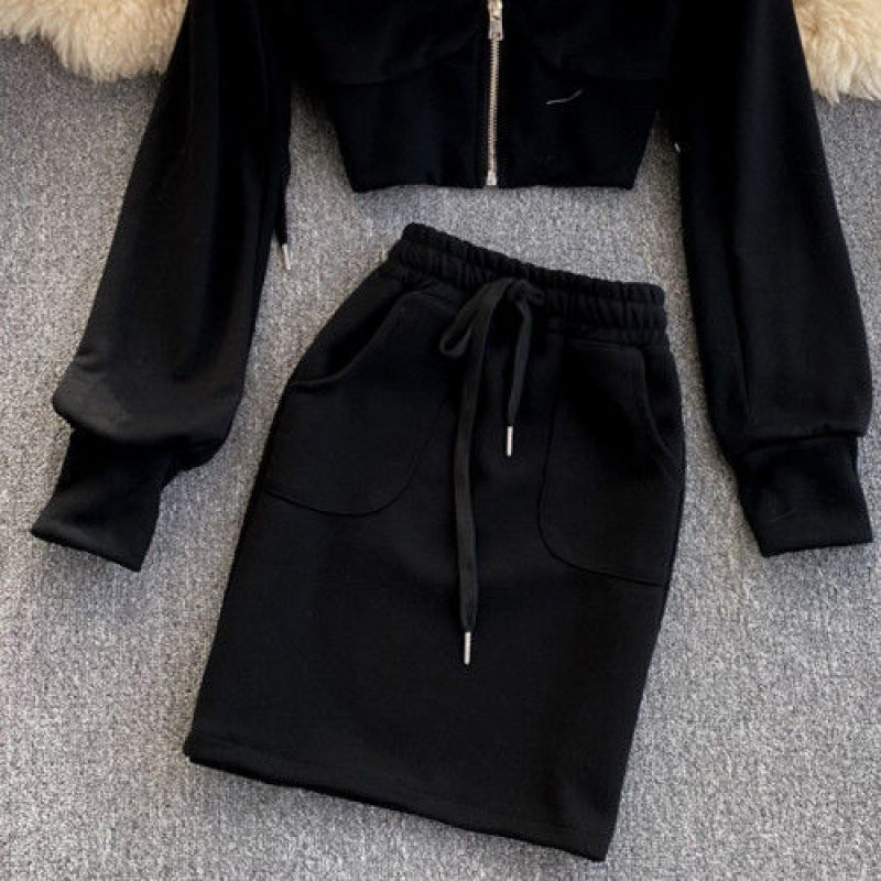 A Generation Of Women's Casual Hooded Cardigan Jacket Women's Short Hip Skirt Two-Piece Suit