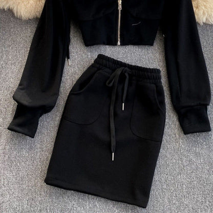 A Generation Of Women's Casual Hooded Cardigan Jacket Women's Short Hip Skirt Two-Piece Suit
