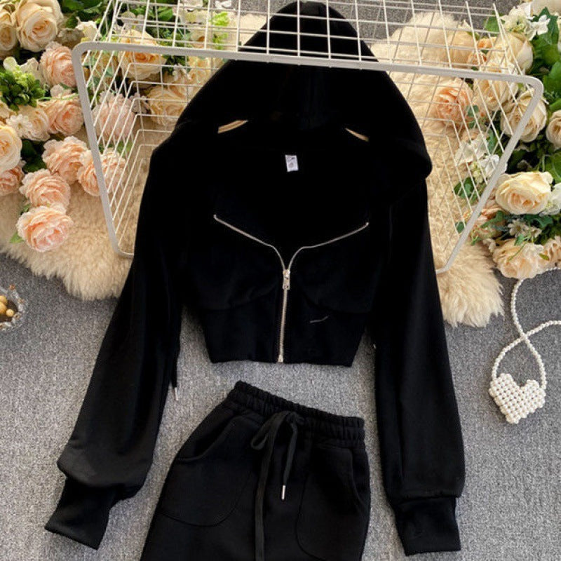 A Generation Of Women's Casual Hooded Cardigan Jacket Women's Short Hip Skirt Two-Piece Suit
