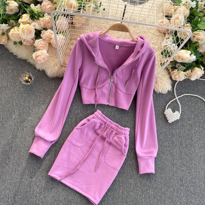 A Generation Of Women's Casual Hooded Cardigan Jacket Women's Short Hip Skirt Two-Piece Suit