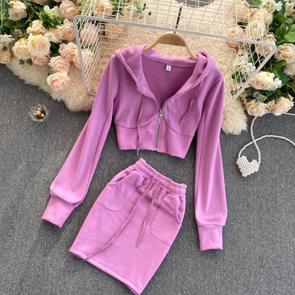 A Generation Of Women's Casual Hooded Cardigan Jacket Women's Short Hip Skirt Two-Piece Suit