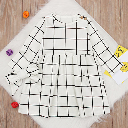 Girls Long Sleeve Plaid Dress   Headband Two-piece Skirt Kid Set