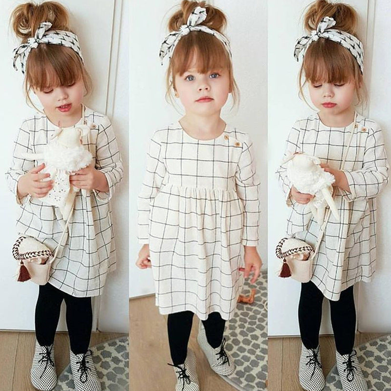 Girls Long Sleeve Plaid Dress   Headband Two-piece Skirt Kid Set