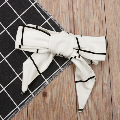 Girls Long Sleeve Plaid Dress   Headband Two-piece Skirt Kid Set